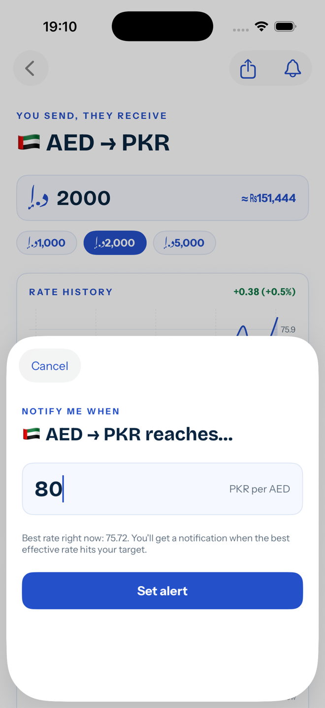 Set an alert screen: notify me when AED to PKR reaches 80 rupees per dirham